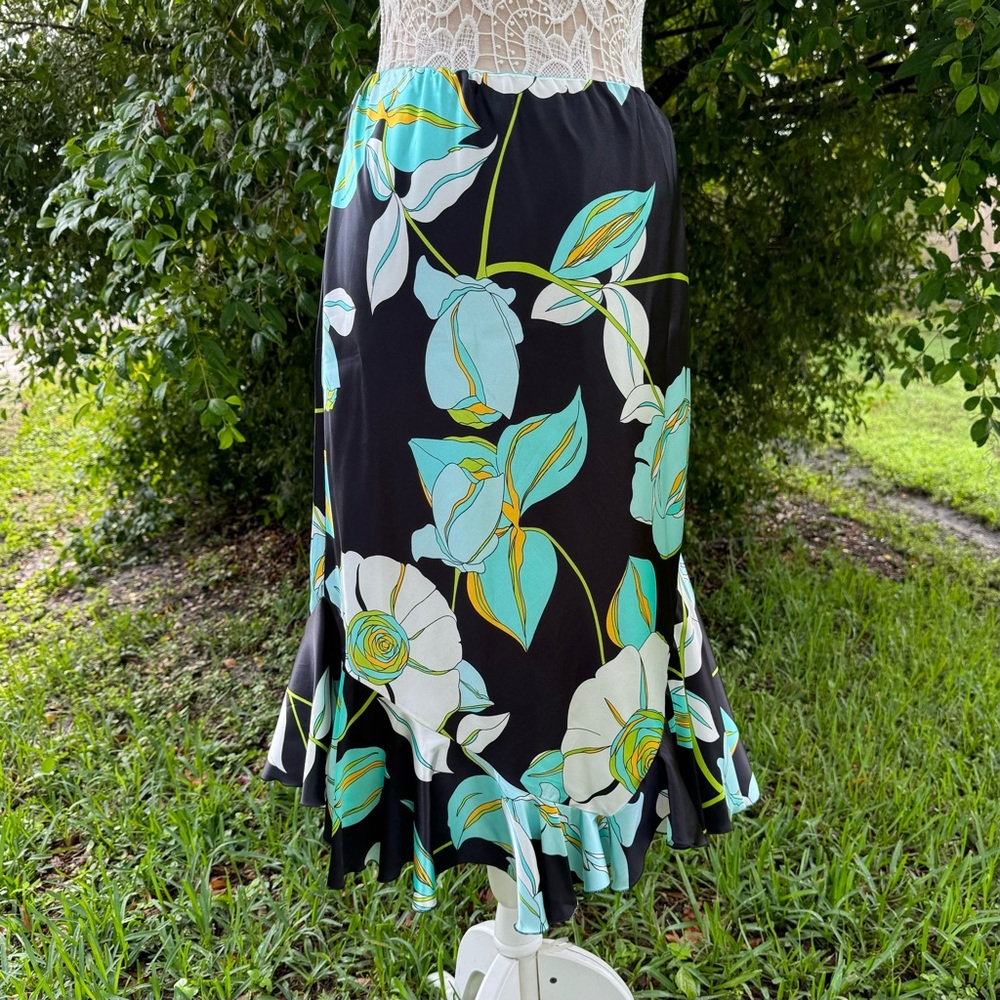 Russell Scott 100% Silk Floral Knee‎ Length Skirt Teal Black Mermaid Size 8
